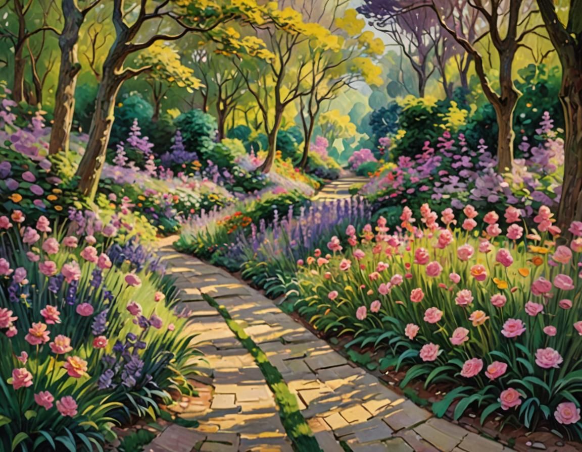 Lush Garden Path in Impressionist Style