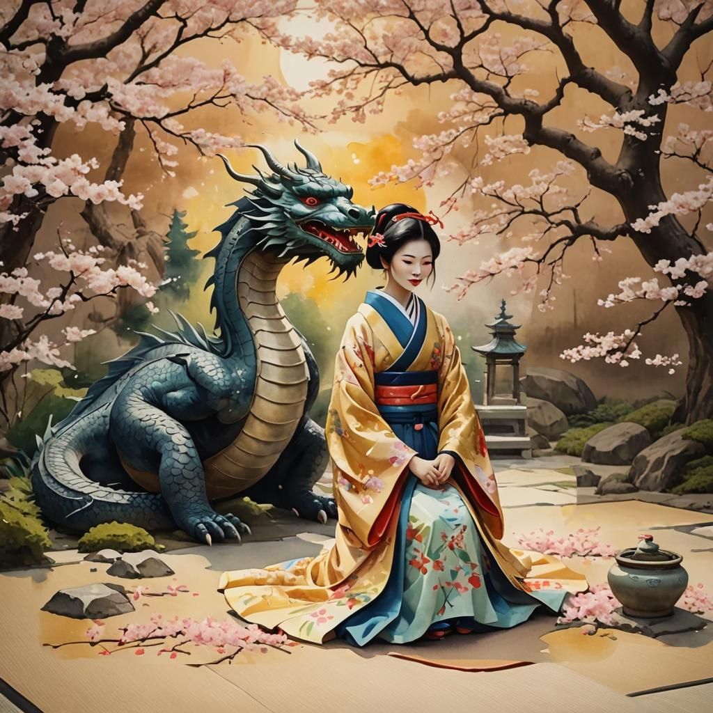 Japanese Fairytale: Dragon and Geisha Illustration