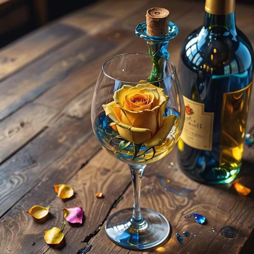Yellow Rose Inside Wine Bottle: Fantasy Realism