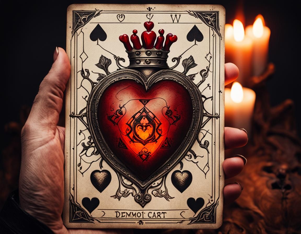 Antique Tarot Card with Demonic Faces and Heart