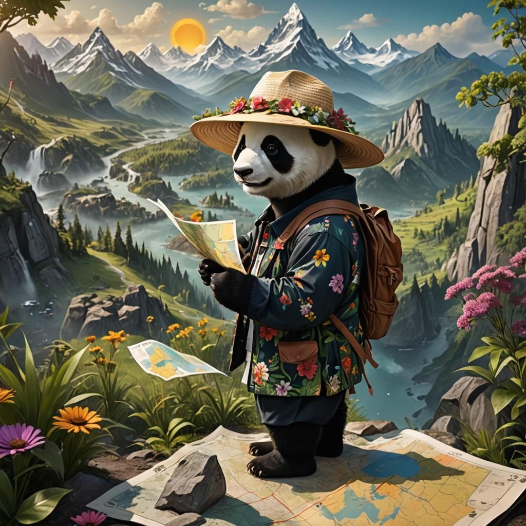 Panda Bear Hiking Adventure: Detailed Fantasy Art