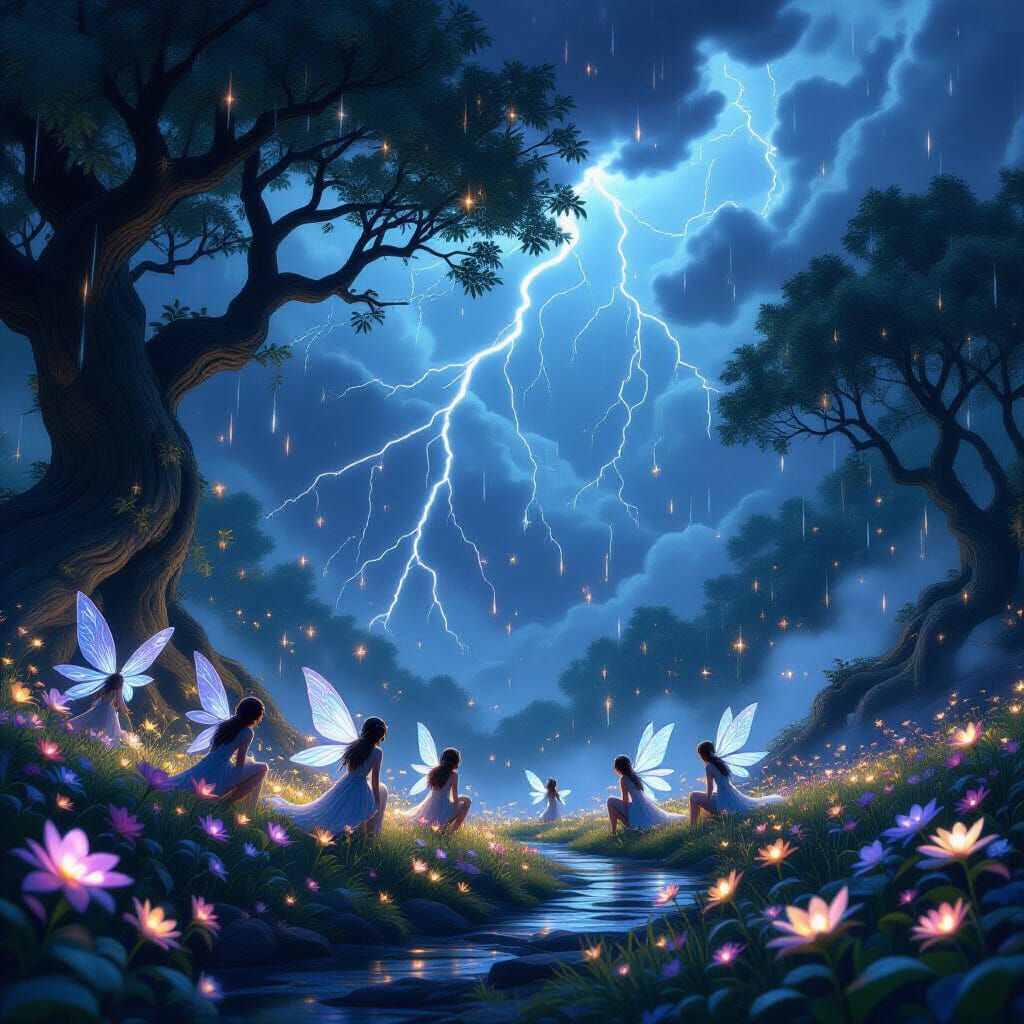 Mystical Storm Over Enchanted Grove with Fairies
