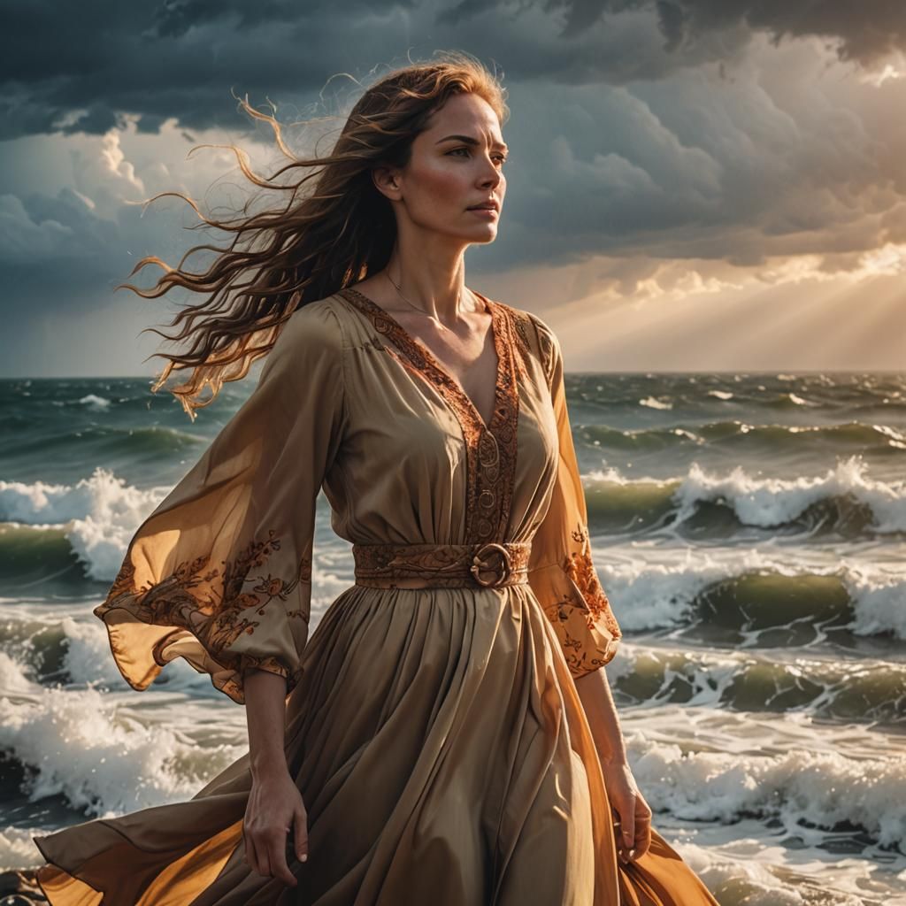 Resilient Woman Against Stormy Sea: A Portrait of Strength