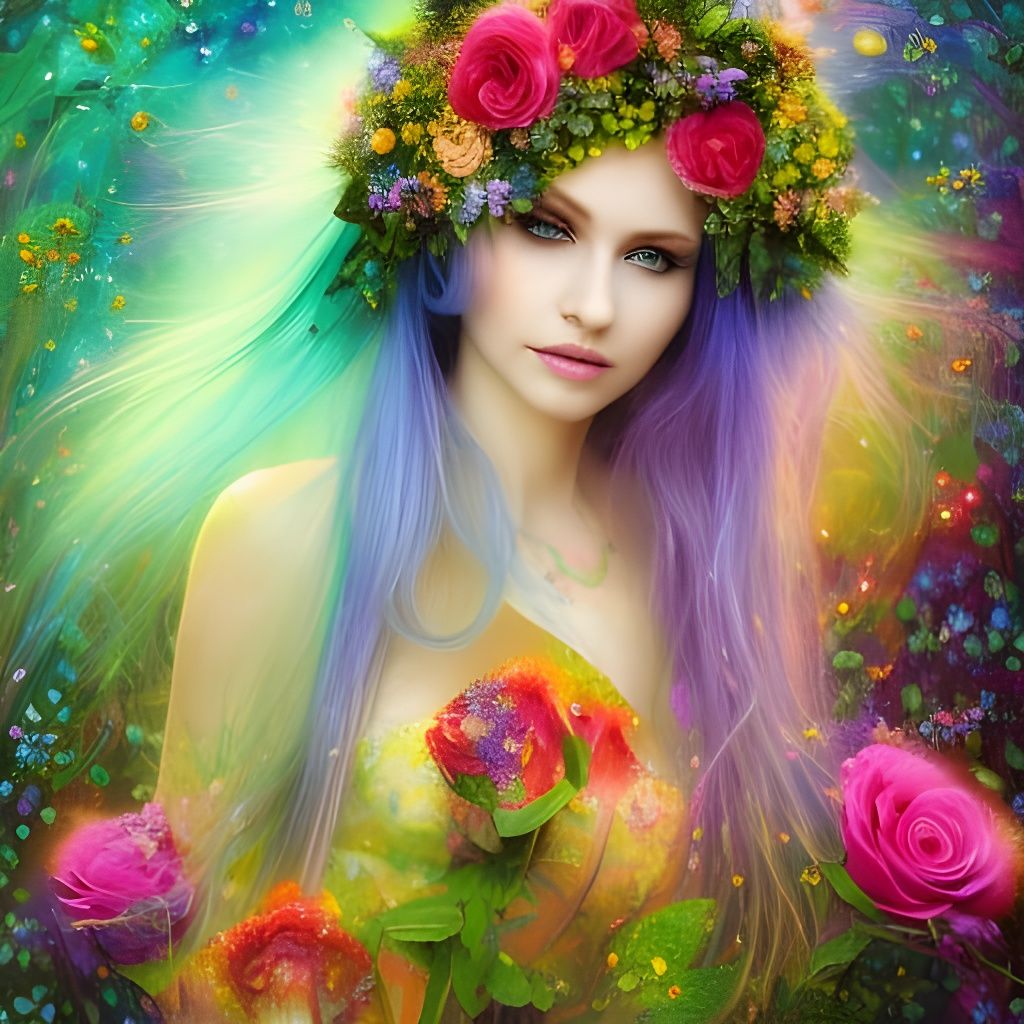Blue-Haired Woman Surrounded by Colorful Flowers