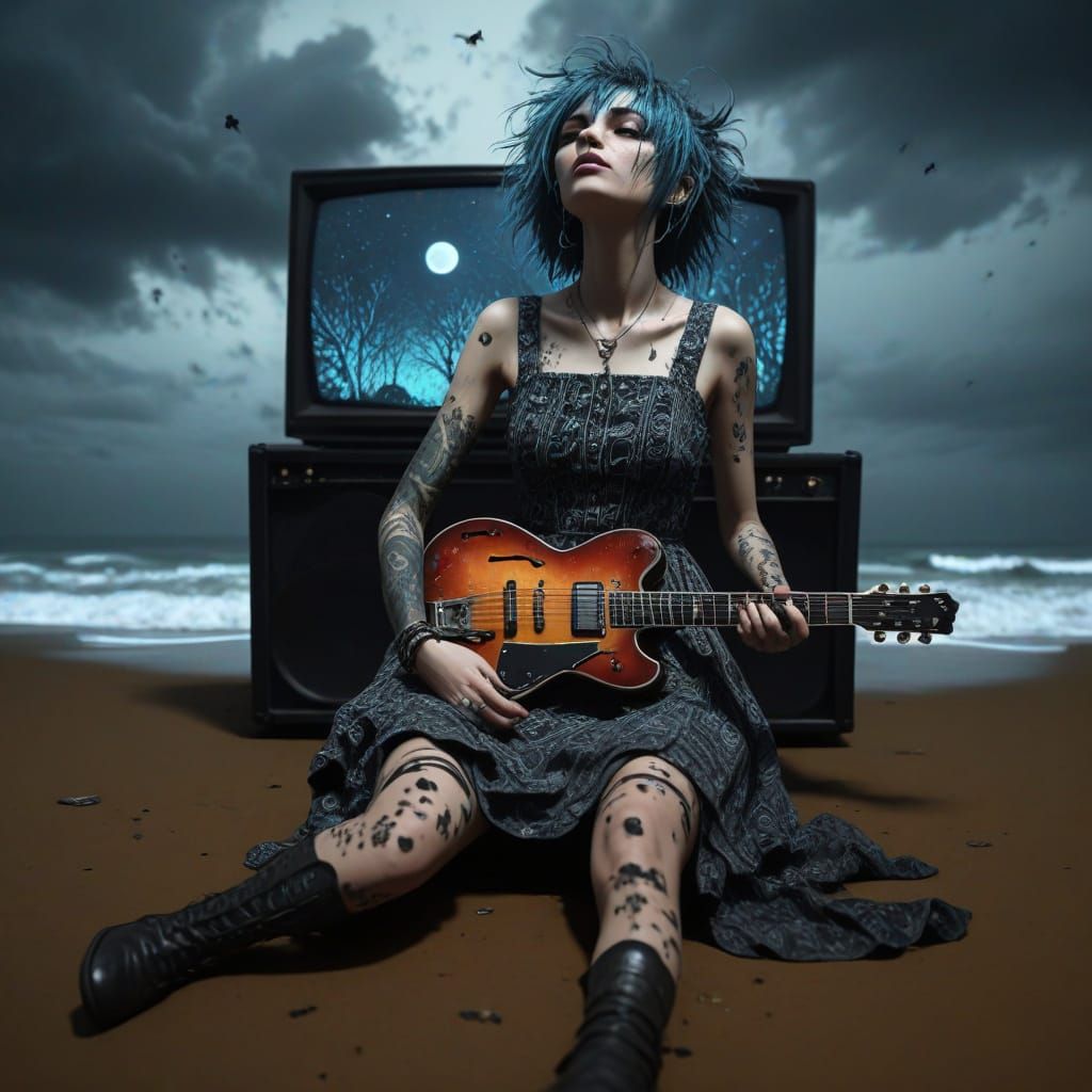 Gothic Punk Anime Goddess Shreds Guitar in Dark, Moody Lands...
