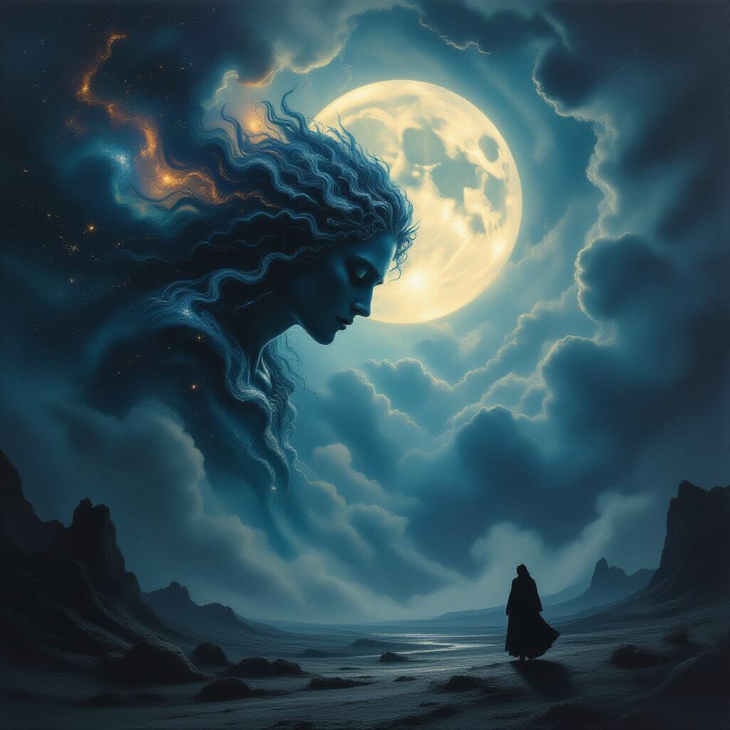 Celestial Being Descends in Cosmic Oil Painting