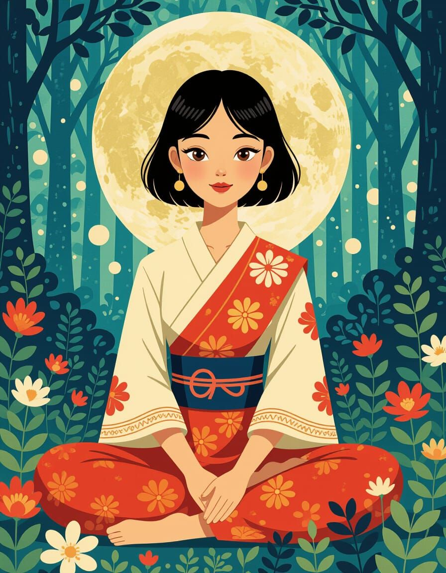 Serene Thai Woman Amidst Lunar Symbols in a Whimsical Forest