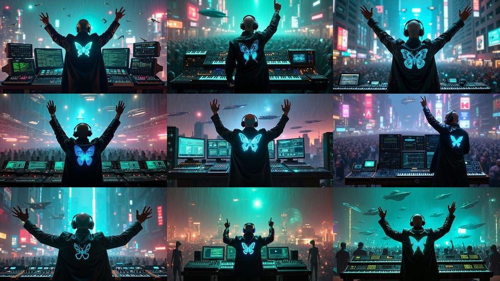 Cyberpunk Musician Performs in Futuristic Cityscape