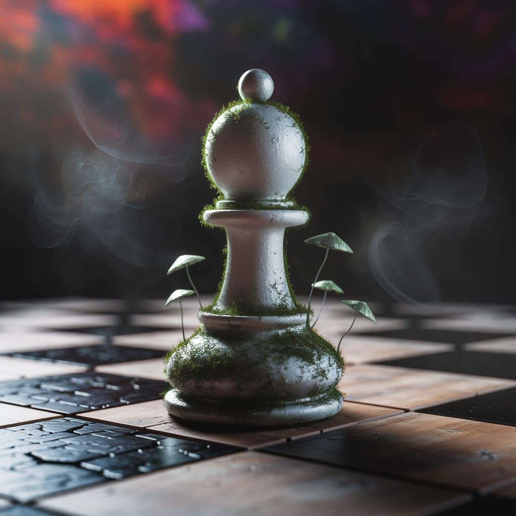 Moss-Covered Chess Piece in Morning Mist Photography