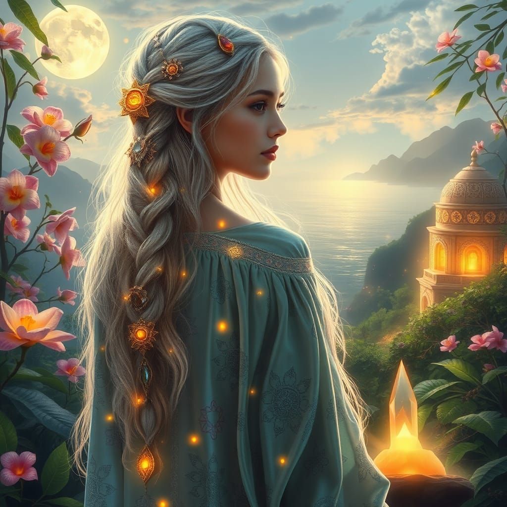 Lemurian Woman Radiating Wisdom in Surreal Style