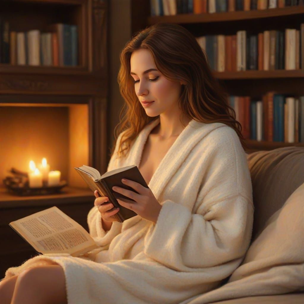 Cozy Oil Painting of Woman Reading by Candlelight