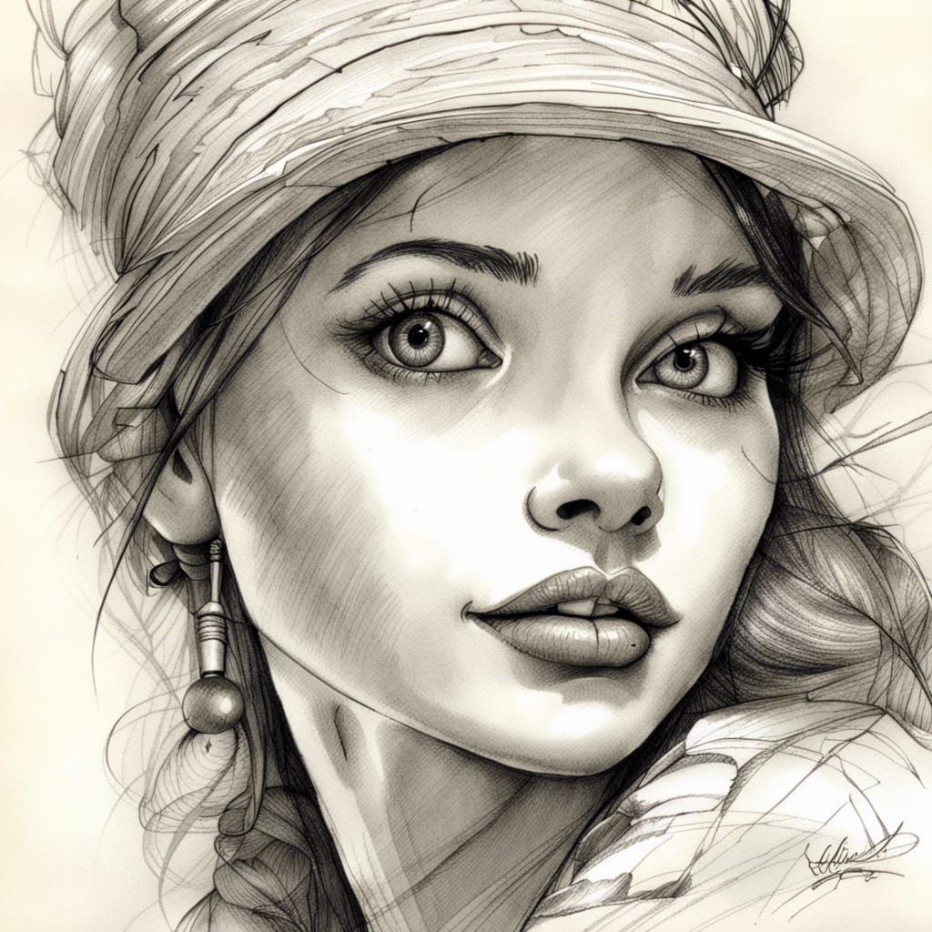 Detailed Sketch Art of a Girl with Cross-Hatching