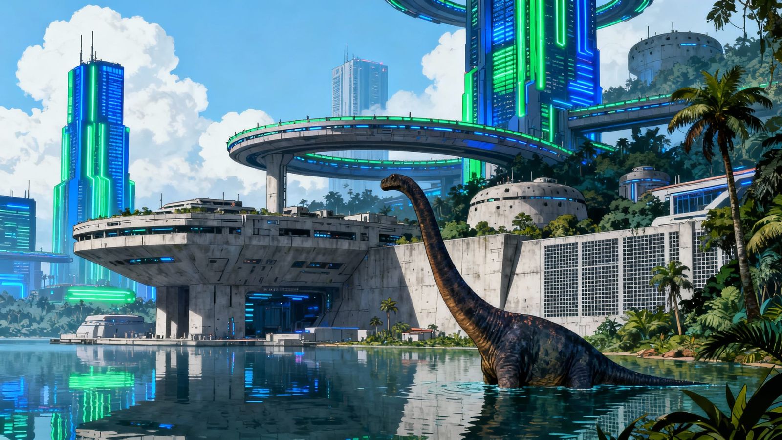 Futuristic Cyberpunk Metropolis with Dinosaur and Neon Light...