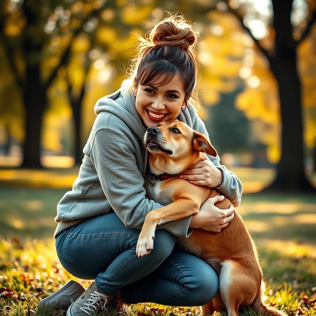 Woman and Dog in Park, Vibrant Digital Art