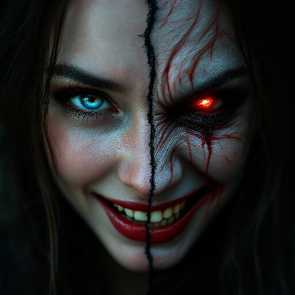 Woman's Face Split: Fantasy Style Inner Conflict