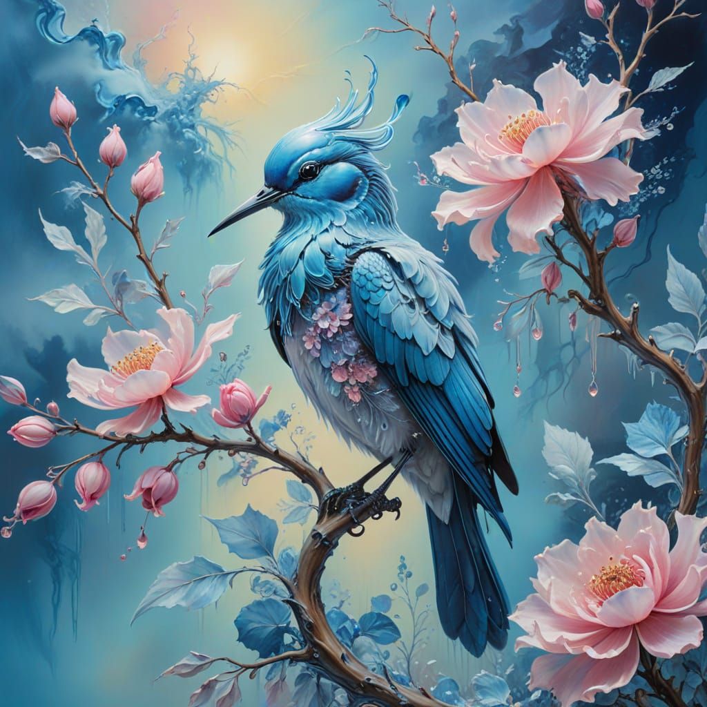 Bird with flowers in blue and pink