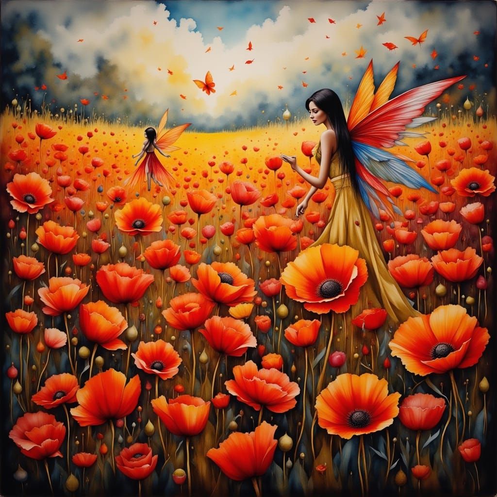 Enchanted Poppy Field with Fairies Mending Wings