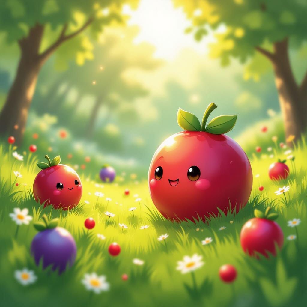Whimsical Berry Creatures Rolling in a Sunny Meadow
