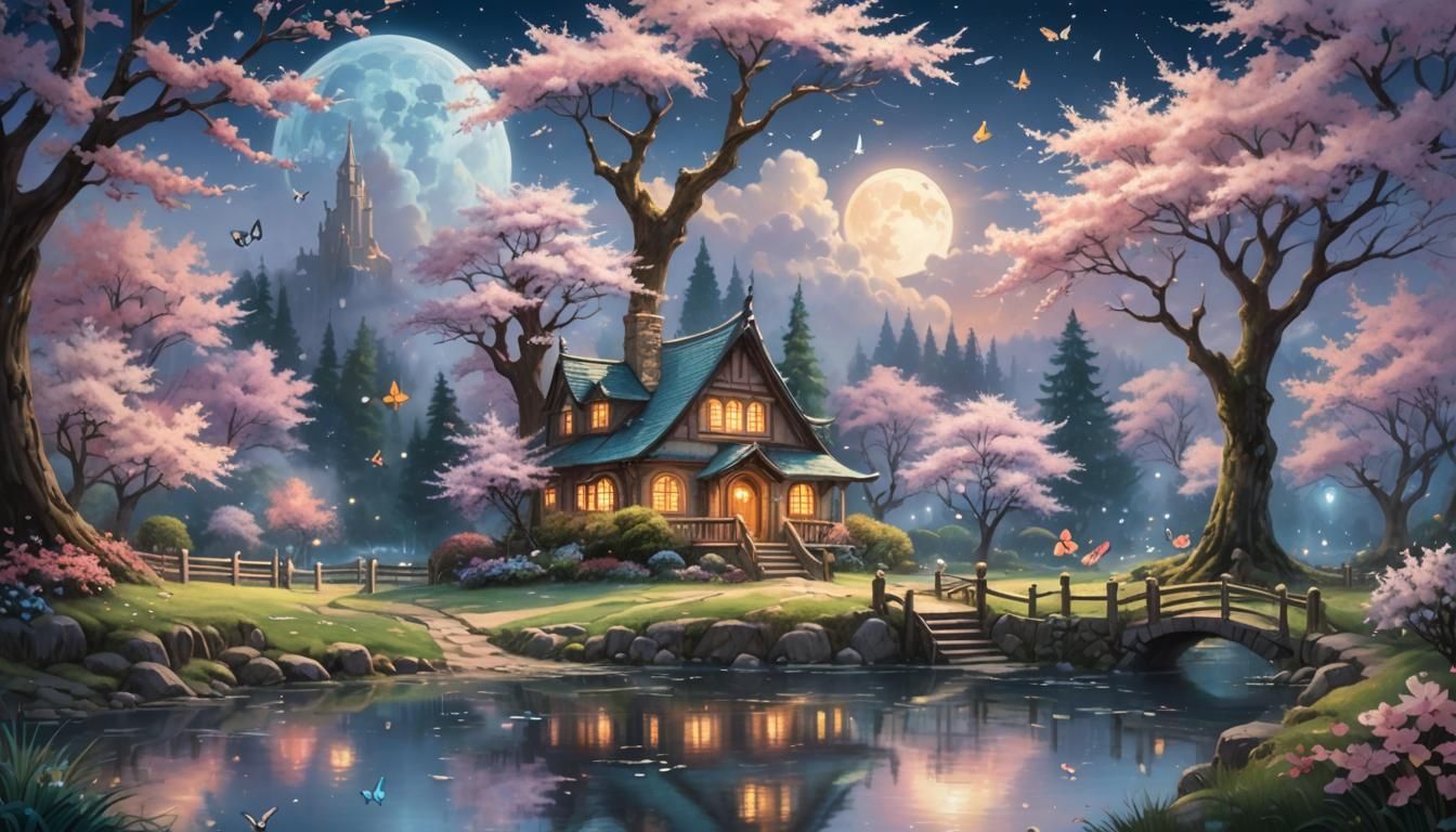 Anime Fairy House in Butterfly Forest at Night
