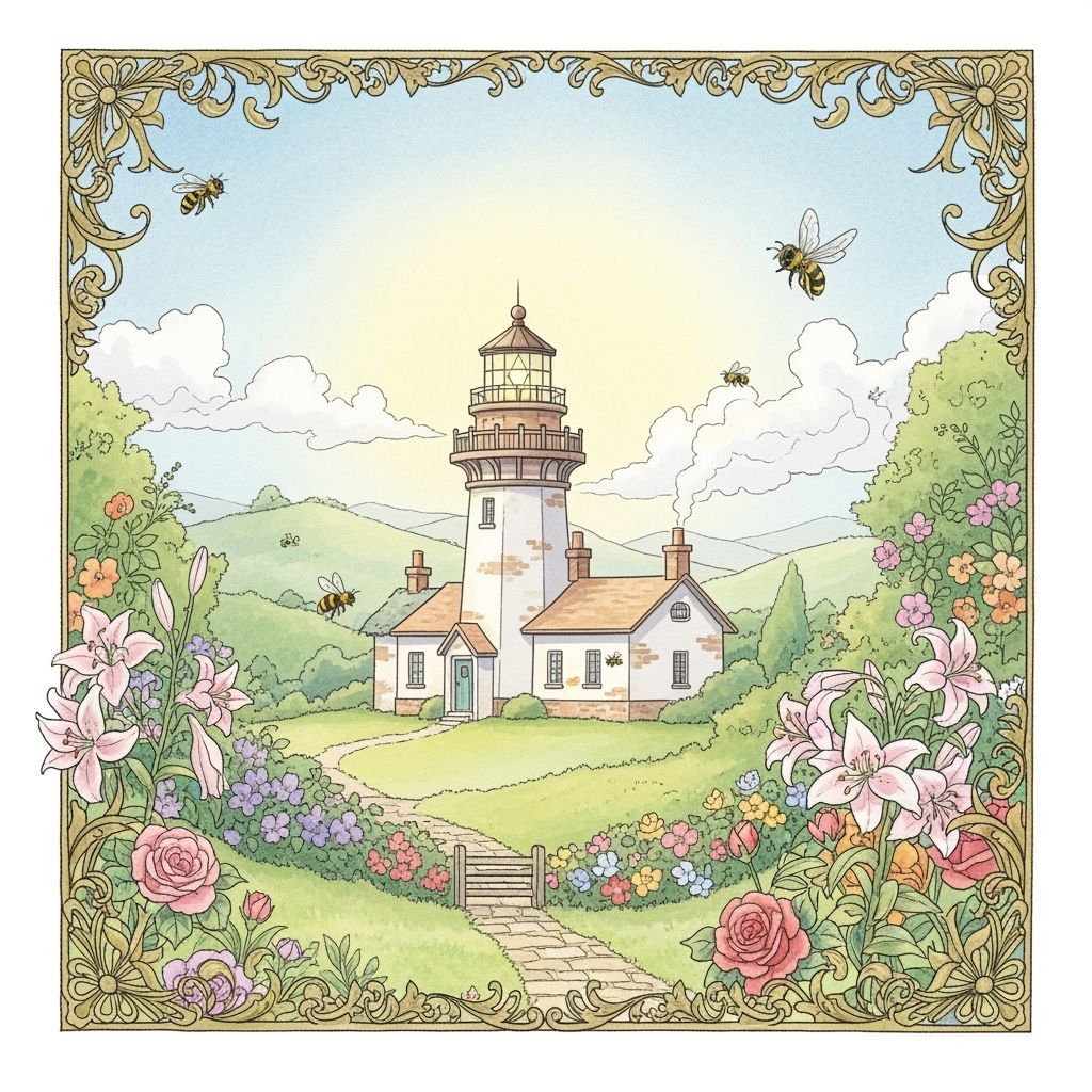 Idyllic Lighthouse Garden Scene in Watercolor Style