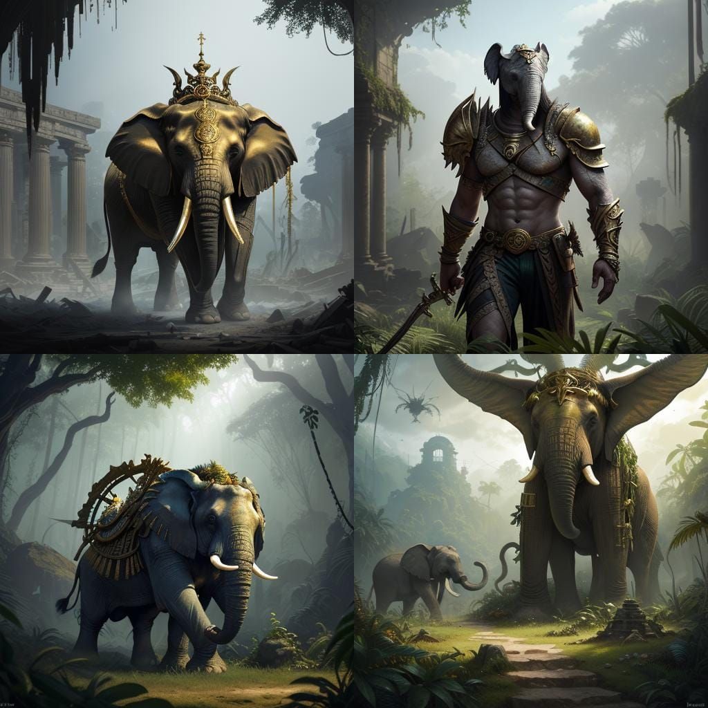 Elephant Gladiator in Jungle Temple Ruins