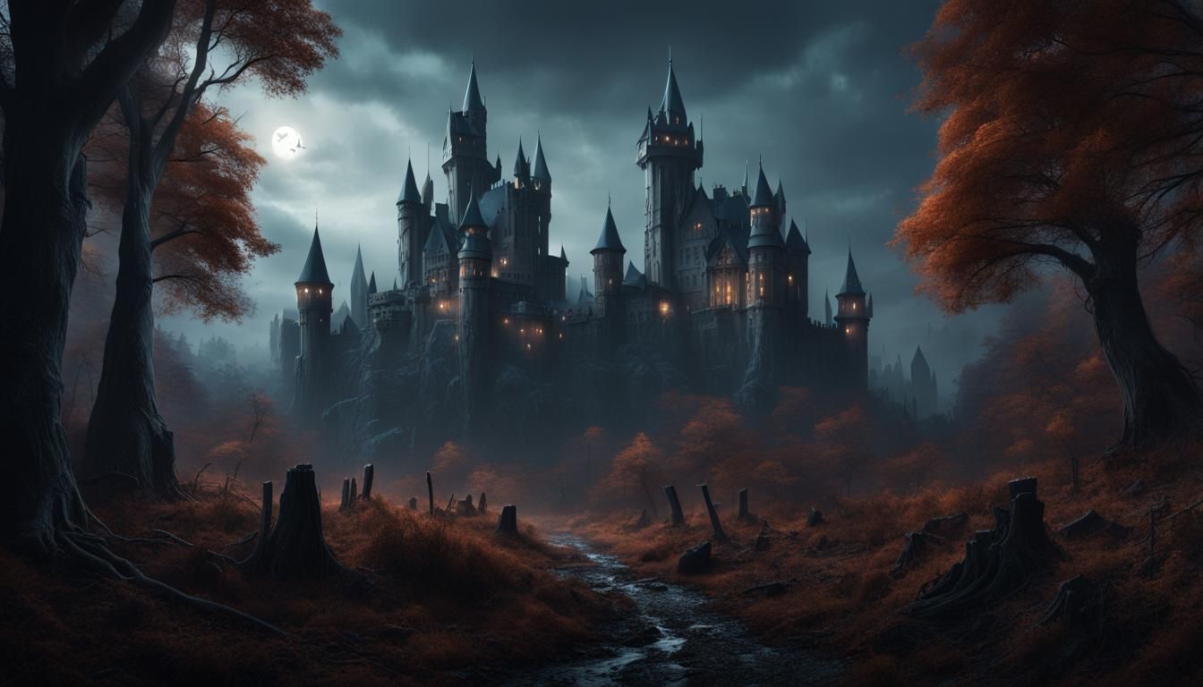 Haunted Forest with Sinister Castle: Detailed Matte Painting