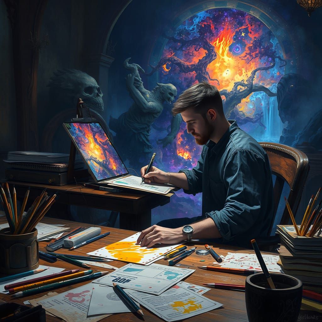 Fantasy Concept Artist at Work in Dreamlike Environment