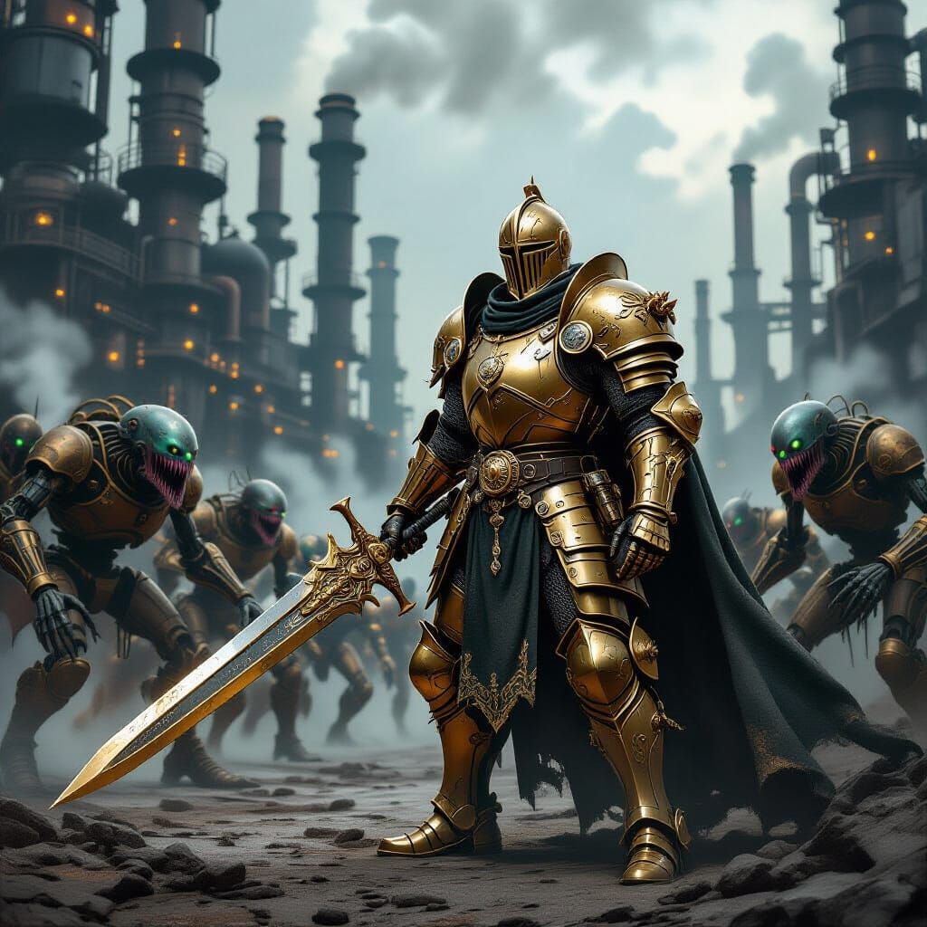 Steampunk Knight Defiant Against Automaton Horde