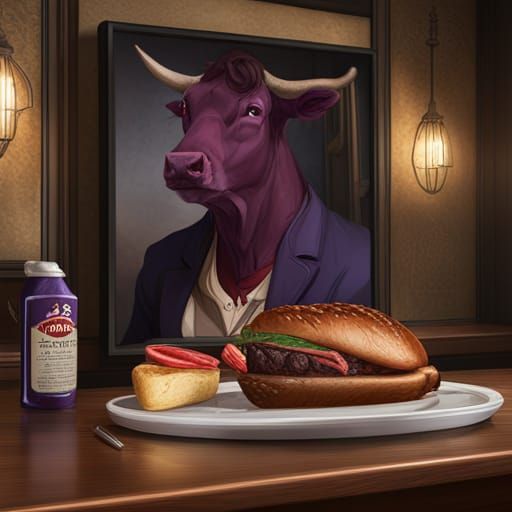 Purple Cow Enjoys Steak in Pub, Hyperdetailed Portrait
