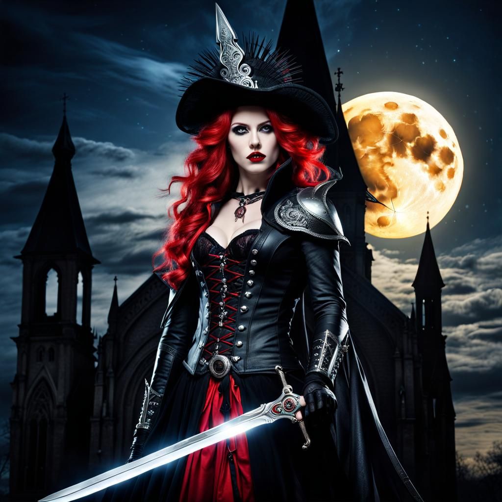 Gothic Vampire Hunter with Silver Sword on Church