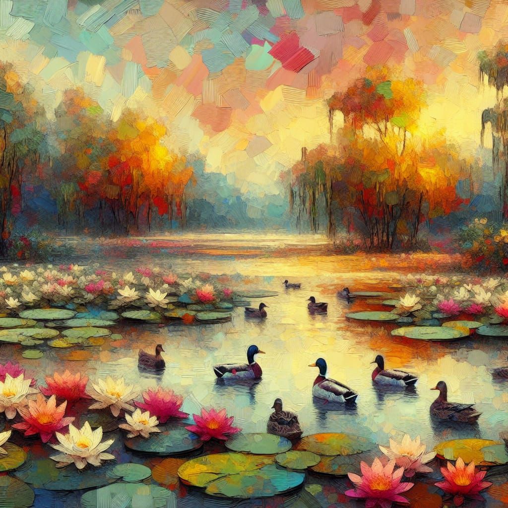 Radiant Pond with Lilies: An Impasto Oil Painting