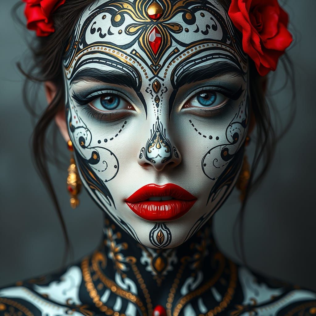 Woman in Intricate Face Paint, Digital Art