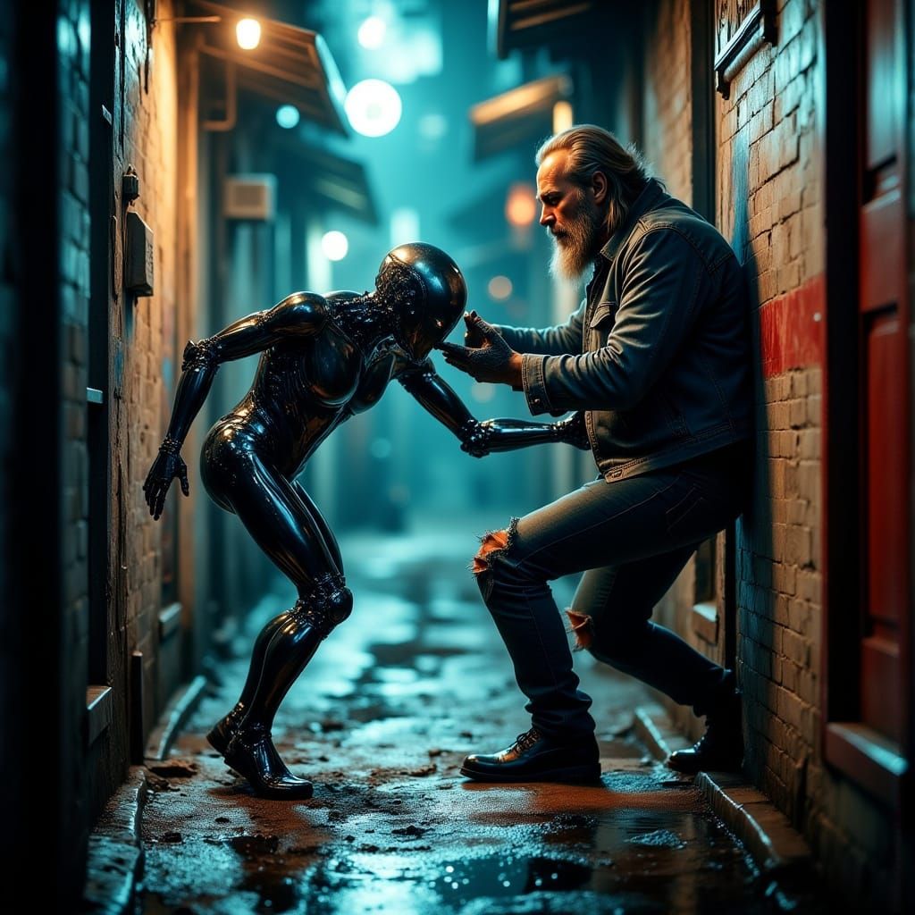 Cyberpunk Women in Dark Alleyway Confrontation