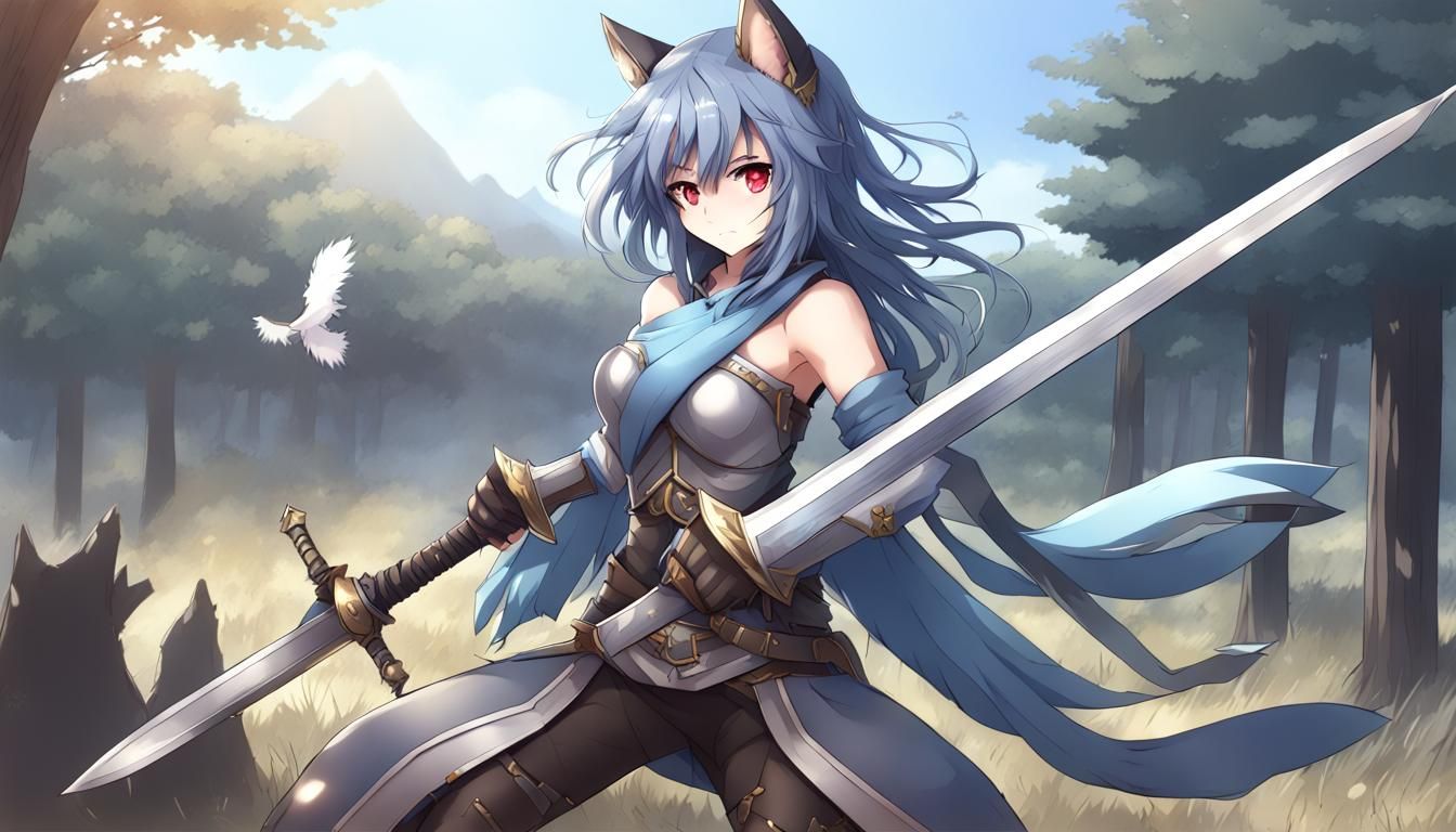 Anime Girl Warrior with Wolf Ears and Sword