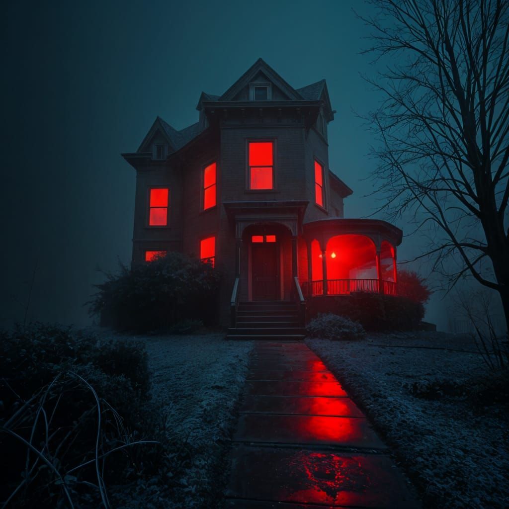 Eerie Victorian House in Neon-Red Glow