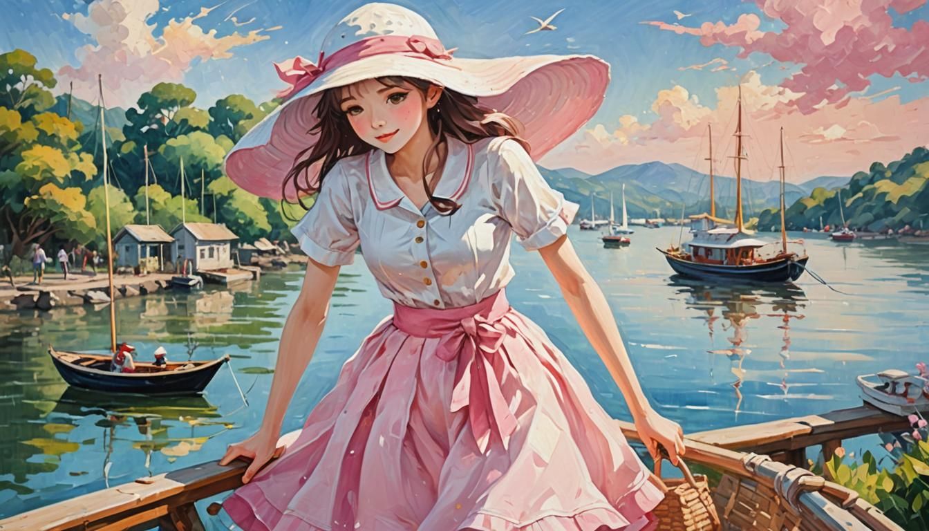 Anime Girl in White Hat, Impressionist Painting