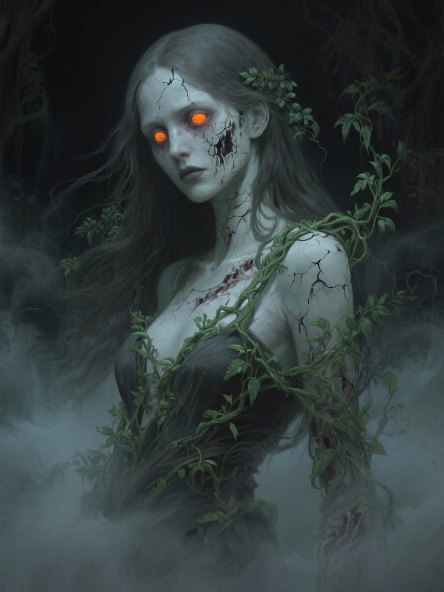 Elegant Zombie Woman with Glowing Eyes and Vines