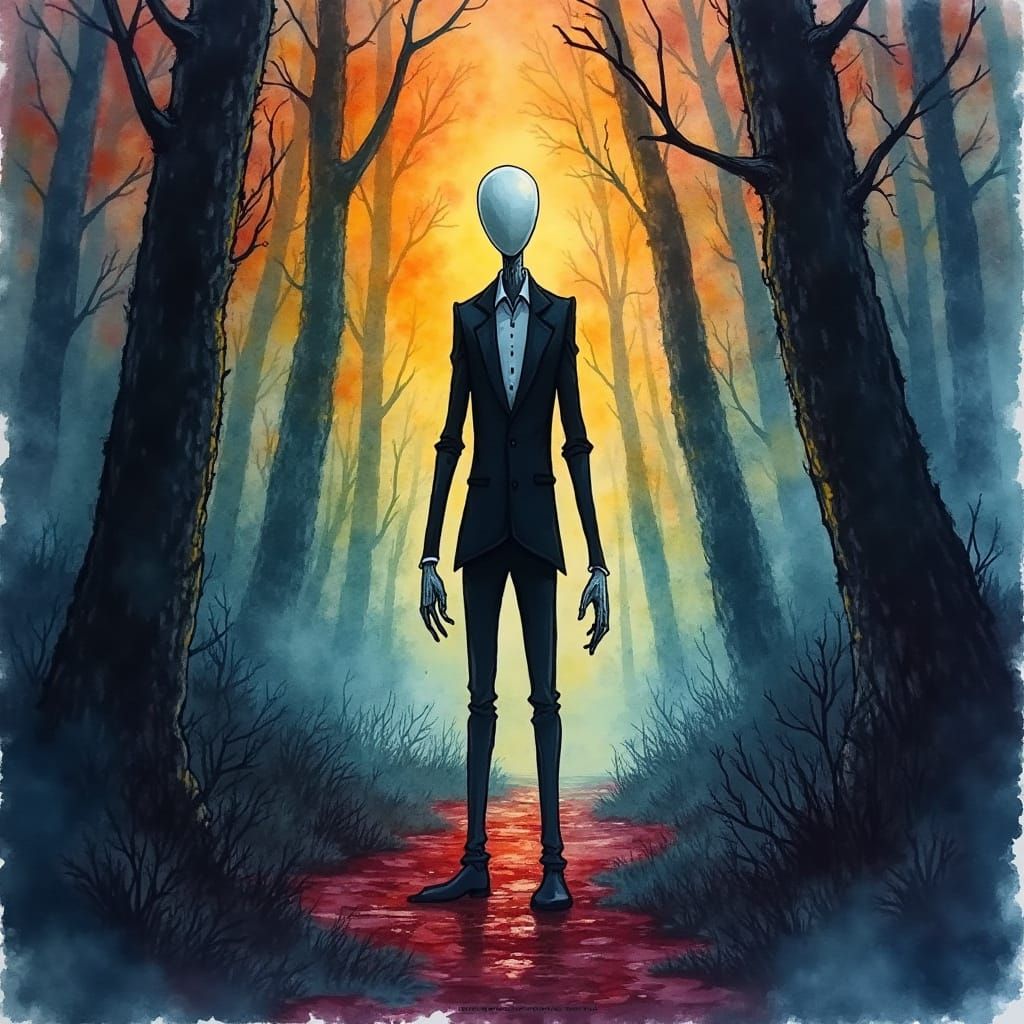 Watercolor Slenderman in Dark Forest