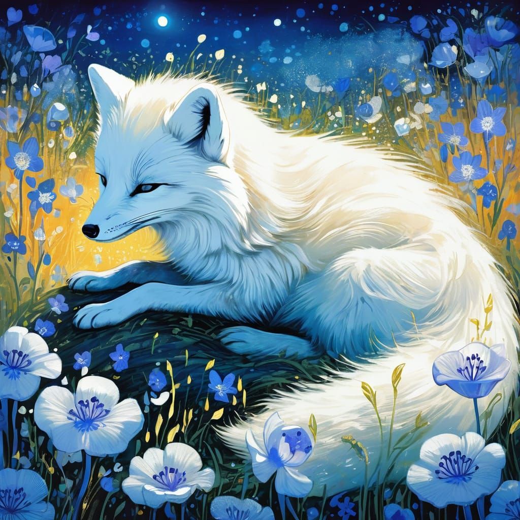 Glowing Arctic Fox in Bioluminescent Field