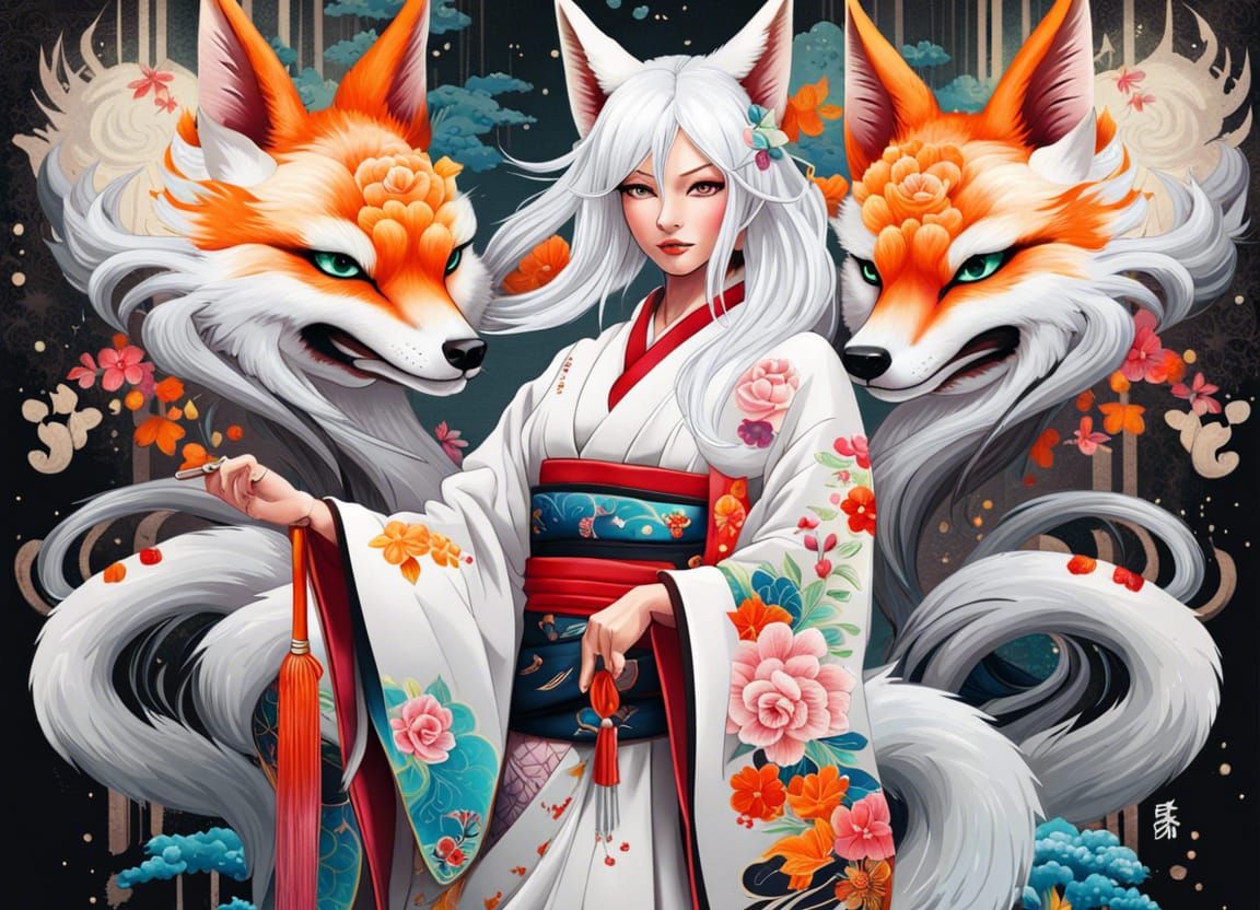 Kitsune Girl in Kimono: Graffiti Art Style