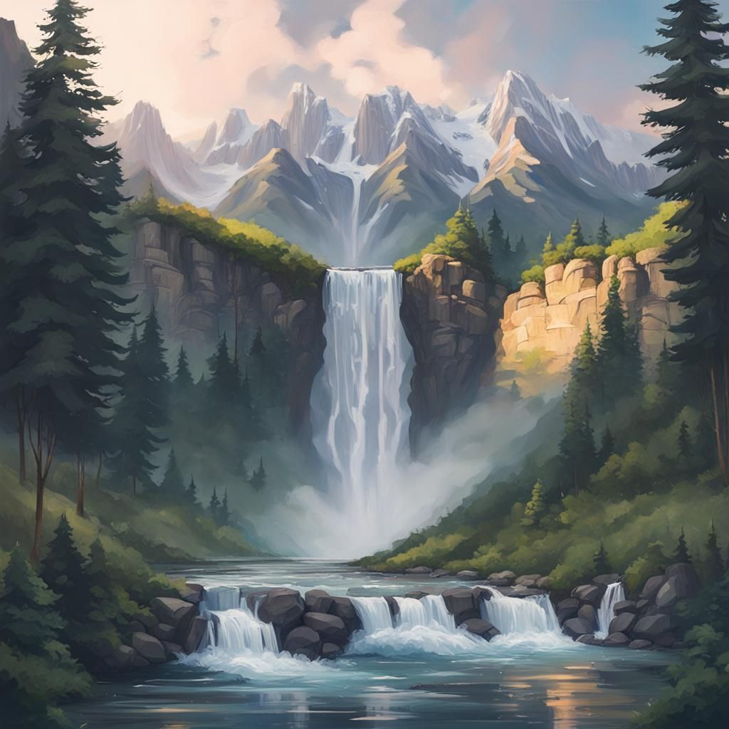 Majestic Waterfall and Mountain Landscape