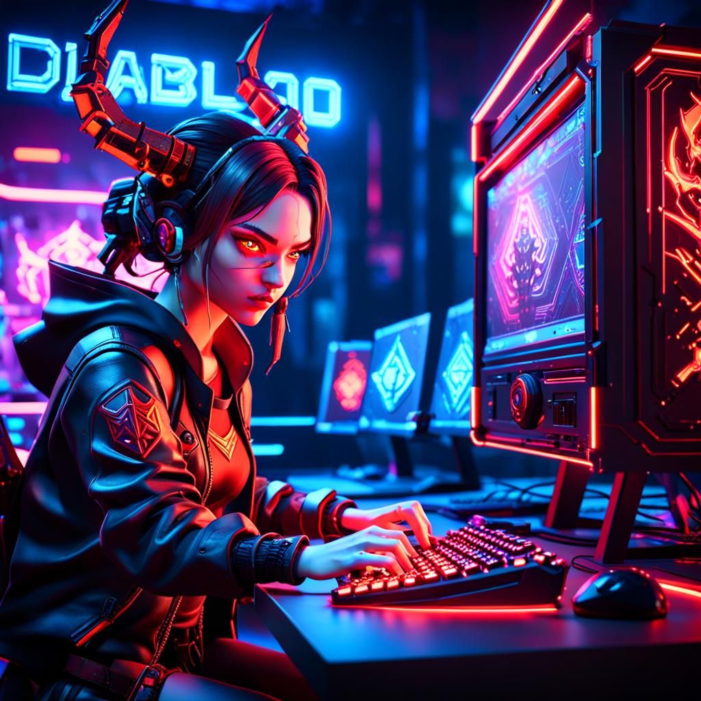 Gamer Girl Playing Diablo in Neon Game Den