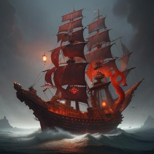 Red Octopus Guarding Pirate Ship in Glass Bottle