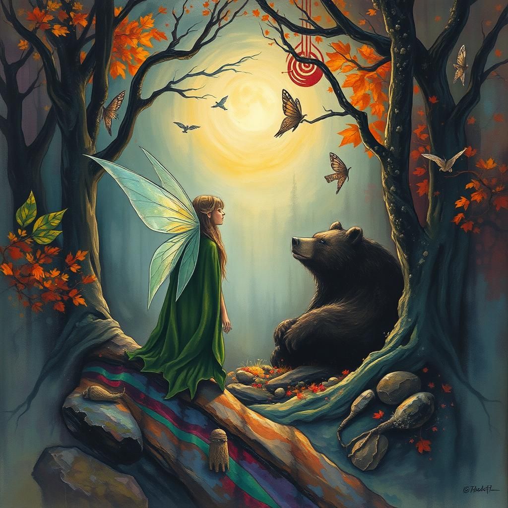 Fairy Elf Watching Hibernating Bear: Impasto Watercolor Fore...