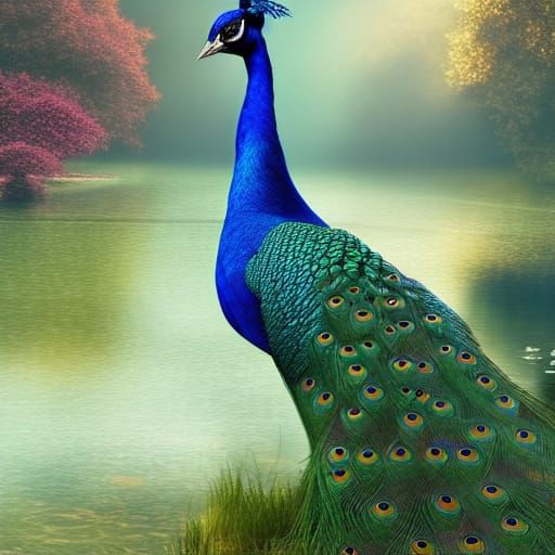 Peacock in Pastoral Lake: Photorealistic V-Ray Render