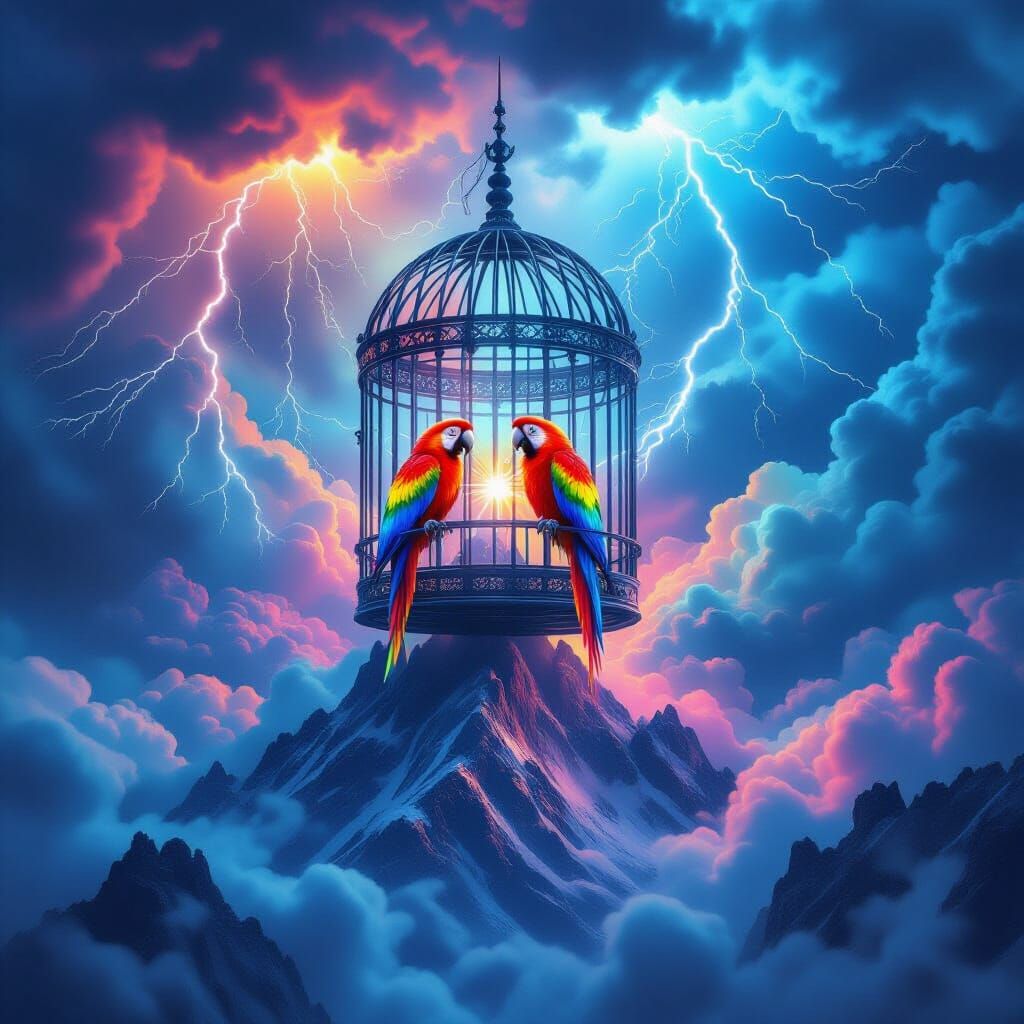 Giant Raptor Claw Birdcage on Mountain Peak During Storm