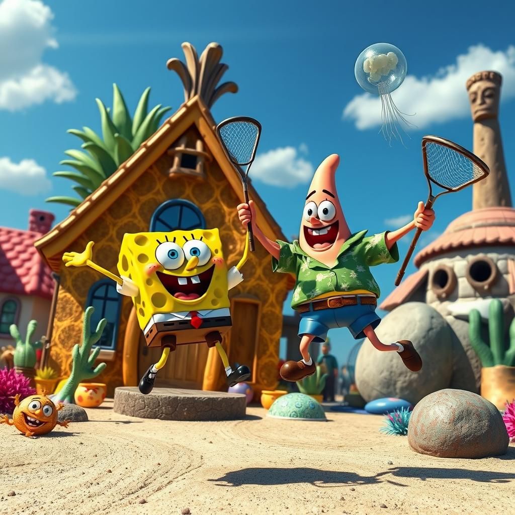 Spongebob and Patrick Catching Jellyfish in Bikini Bottom