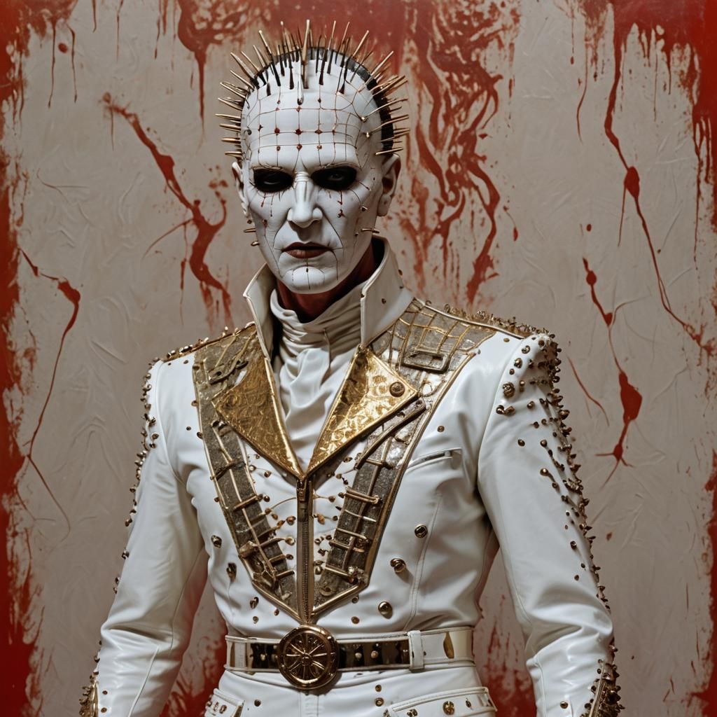 A hyperrealistic Pinhead from the Hellraiser Movie as a younger Elvis Presley in White Leather Hellraiser clothing and h...
