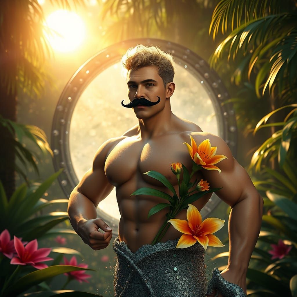 Surreal Merman Emerge from Shimmering Portal in Lush Jungle