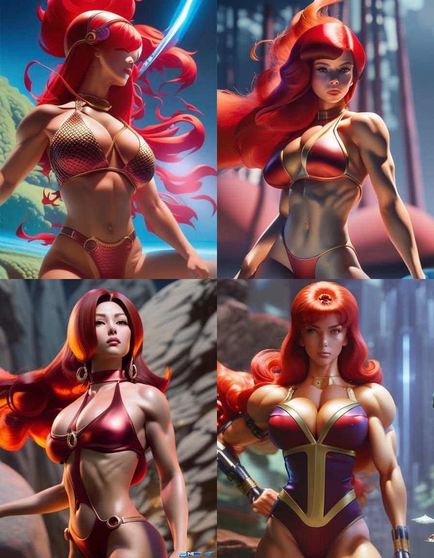 Fantasy Bodybuilder Flies Over Floating Island